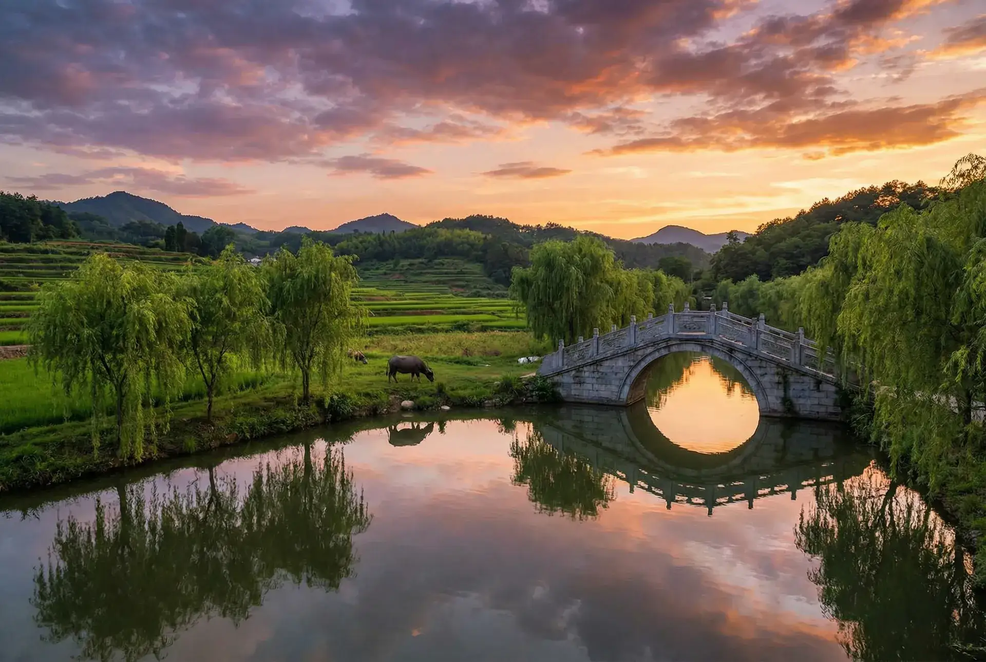夕阳下的石拱桥与垂柳，水牛在河边吃草 - 你的名字完整版下载 乡村美景